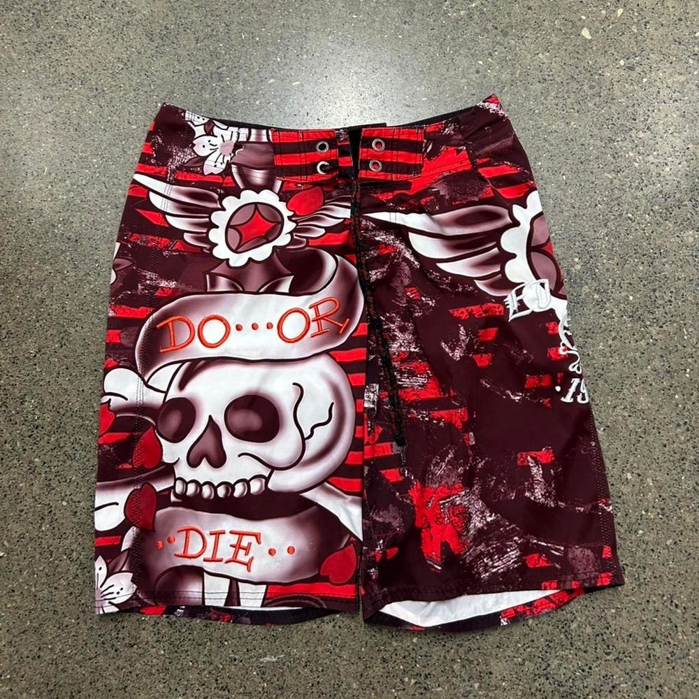 Vintage ED HARDY Tattoo AOP Board Shorts Y2K Surf (Size 34)